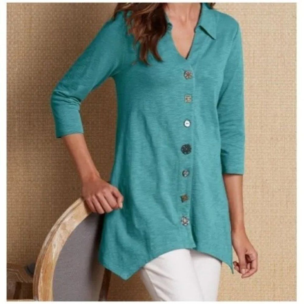 Soft Surroundings Danielle Mixed Button Tunic Top Aqua Asymmetrical Sz M